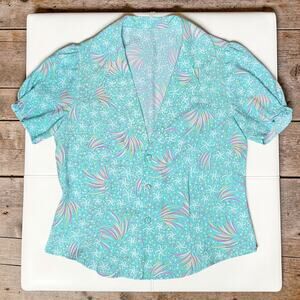 VINTAGE Short Sleeve Retro Print Green Pink Print Shirt Top S XS